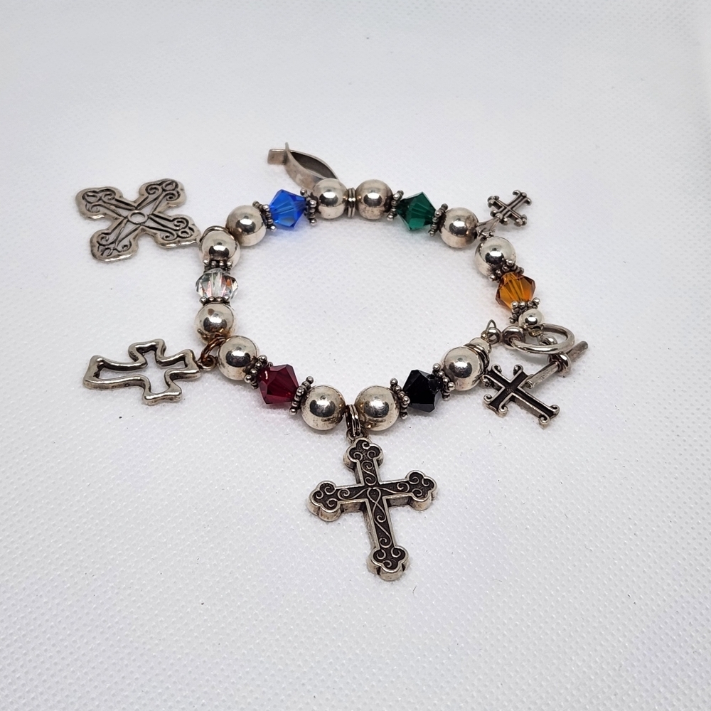 Multi Cross Charm Silver Bracelet. - Picture 5 of 6